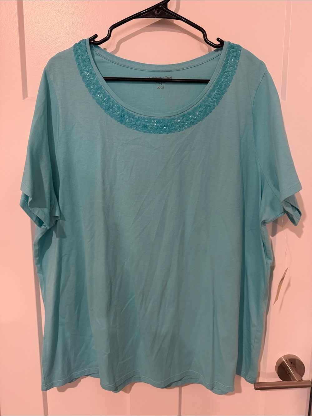 NWT Women's Turquoise Scoop Neck Tee with Beaded Trim